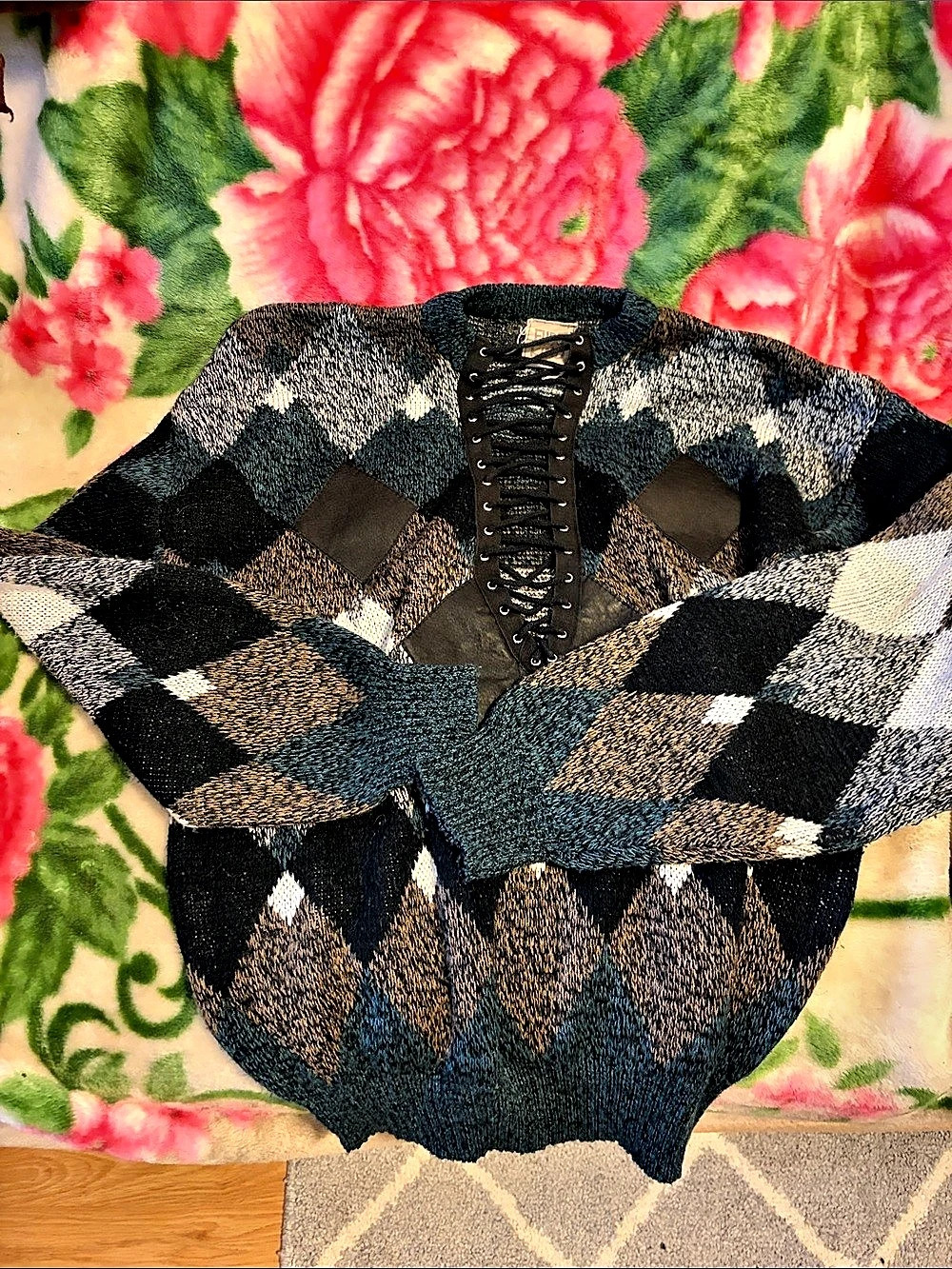 Furst of a Kind Geometric Lace-Up Top in Black & Blue